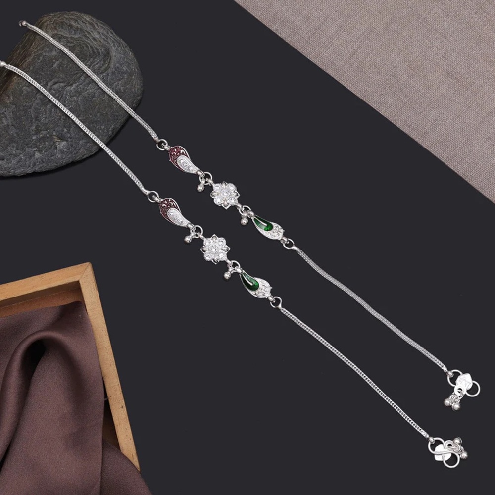 Silver Color Meena Work Anklets - Picture 2 of 3